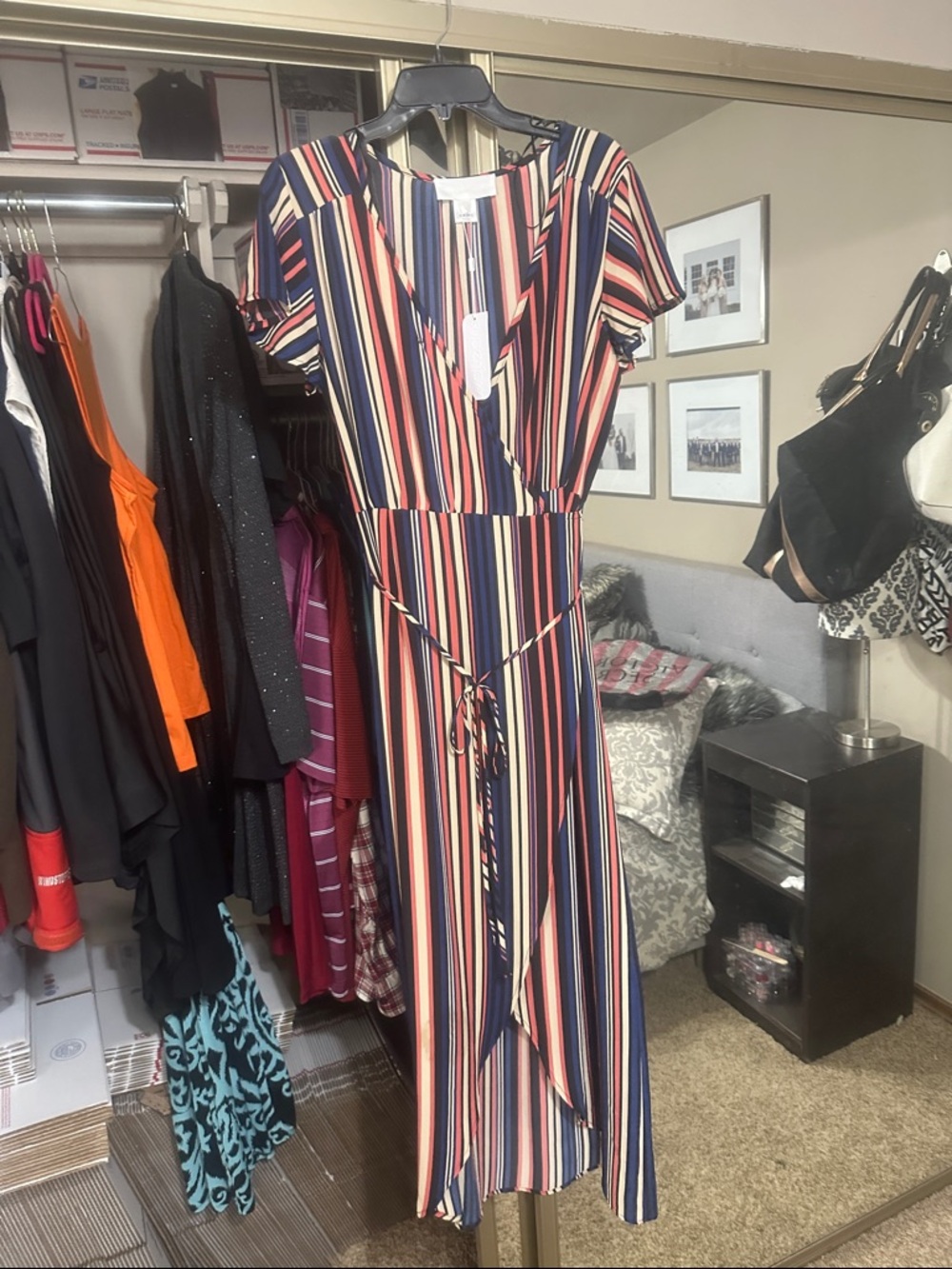 Striped Midi Wrap Dress in Navy, Coral & Cream - Tie Waist